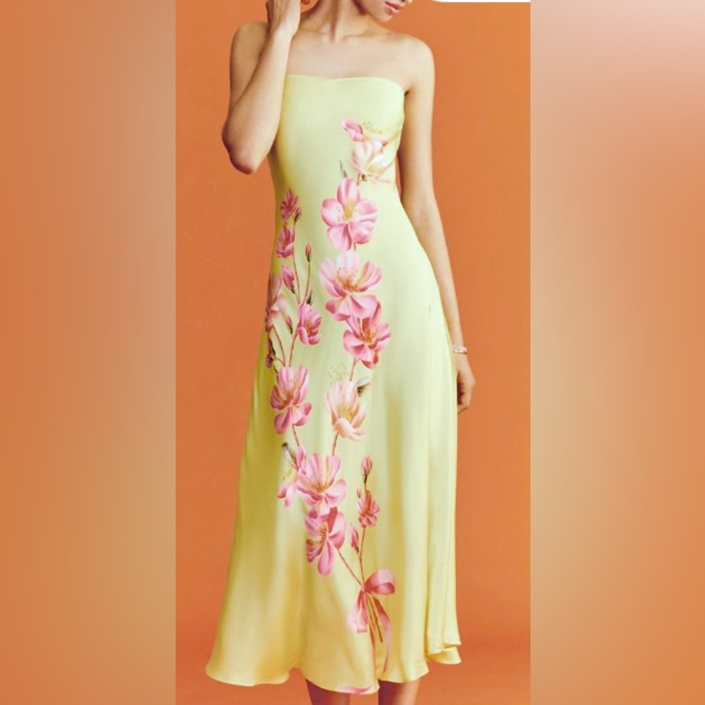 NWT Size M Farm Rio Yellow Chartreuse & Pink Floral Strapless Midi Dress